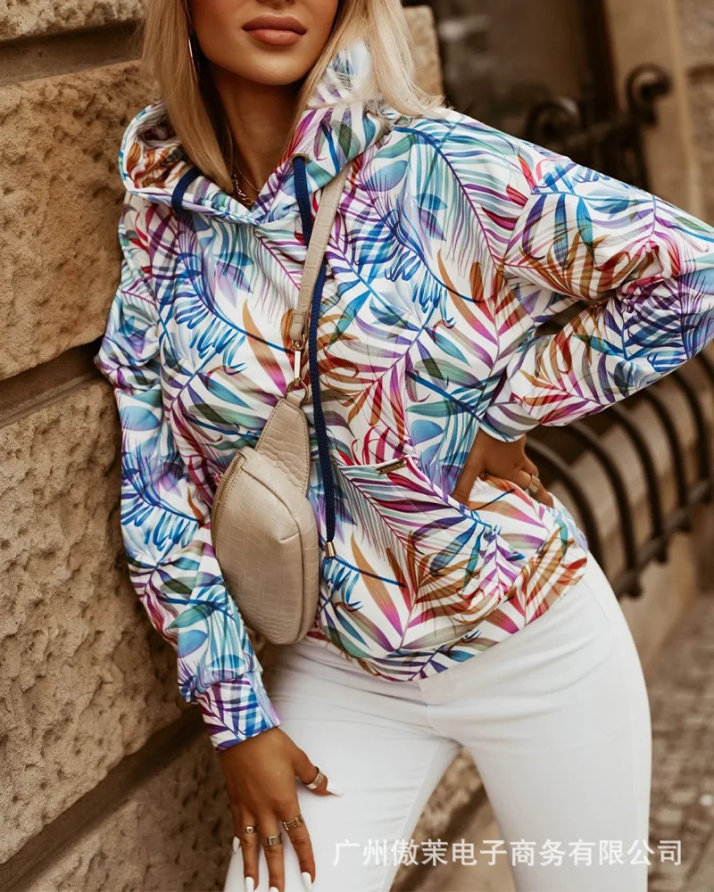 

Повседневные толстовки, свитшоты, женские модные дизайнерские Топы с длинным рукавом и разноцветным принтом и карманами на шнурке для женщ...