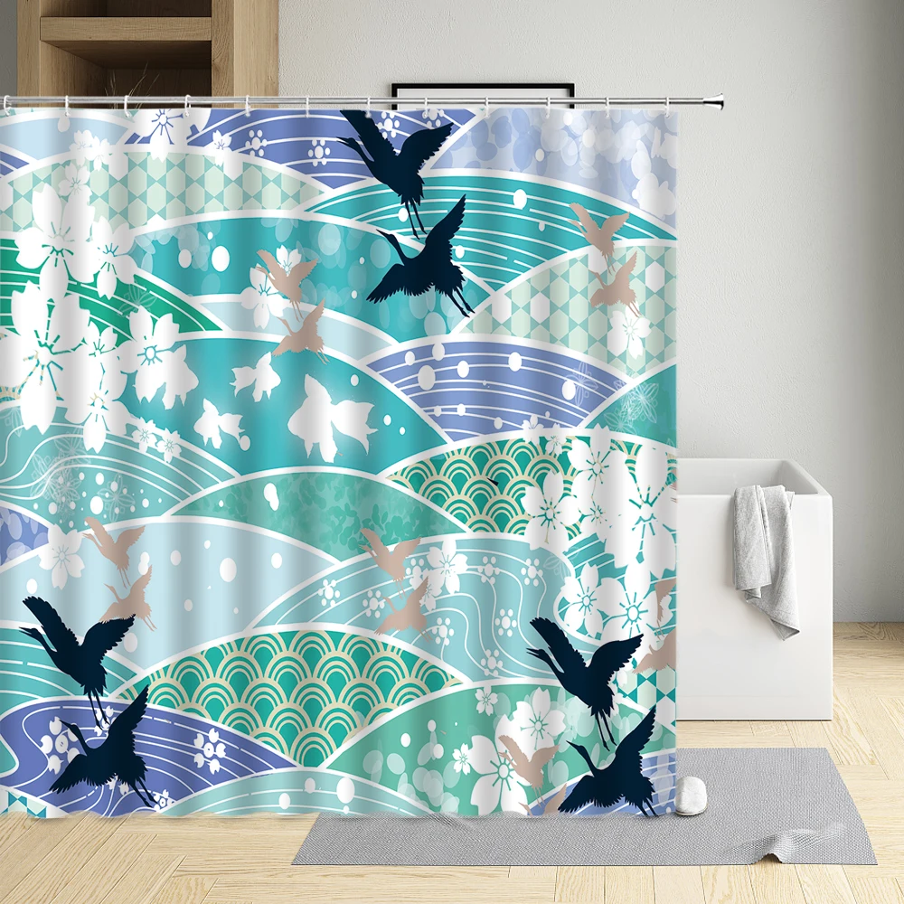 

Chinese Style Shower Curtain Cents Crane Peach Blossom Wave Mountain Tree Pine Maple Leaf Red-Crowned Cloth Bathroom Decor