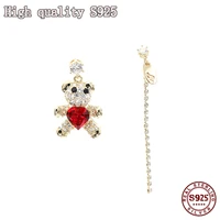 high quality heart shaped red crystal bear earrings fashion crystal personality s925 silver needle asymmetric womens earrings