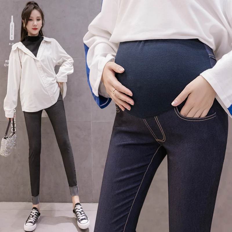 2022 Maternity Jeans Korean Fashion Pregnancy Stomach Lift Pants Winter New Pregnant Women High-elastic Fried Flower Feet Jeans