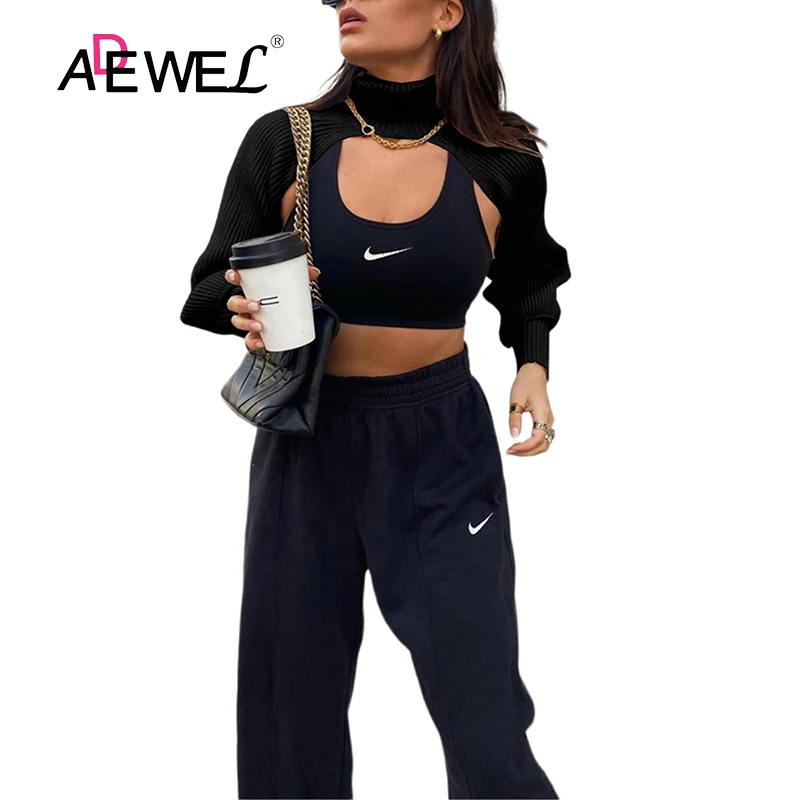 

ADEWEL сексуальный 2020 осень/зима рукав-фонарик водолазка шерстяной вязаный рукав Однотонный свитер женский комбинезон женский зимний свитер