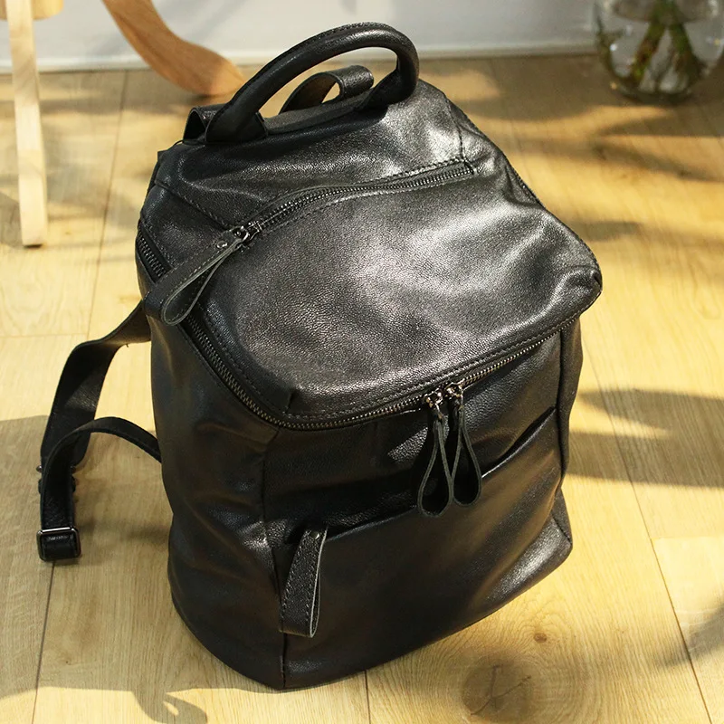 

2021 First layer sheepskin Korean backpack Simple neutral black lady travel backpack leisure bag