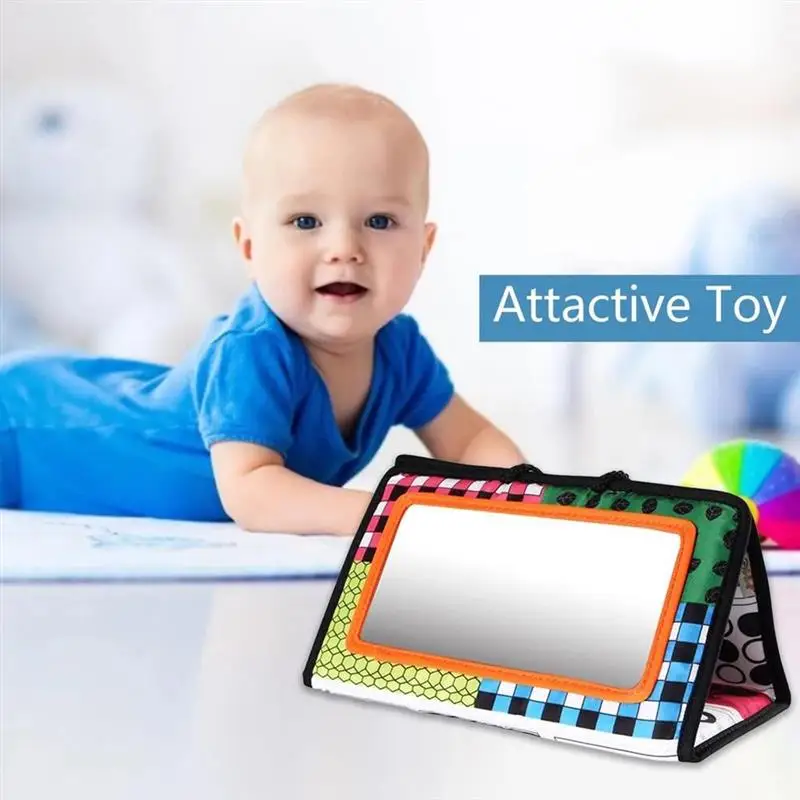 

Tummy Time Mirror with Crinkle Cloth Book High Contrast Black and White Baby Toys Developmental Montessori Sensory Crawling Toy