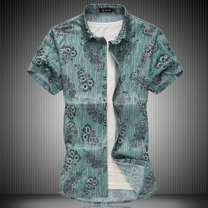 

Green Men's 2021 Elastic Feeling High Quality Mercerized Cotton Floral Short Sleeve Shirts Big Size 7XL 4XL 5XL 6XL #9992