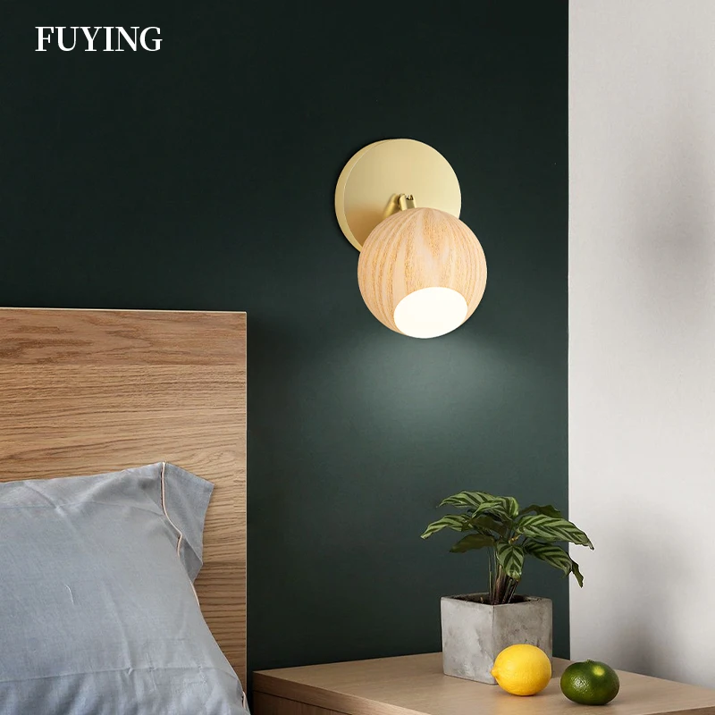 Современная Деревянная настенная лампа Fuying из дуба Золотая прикроватная