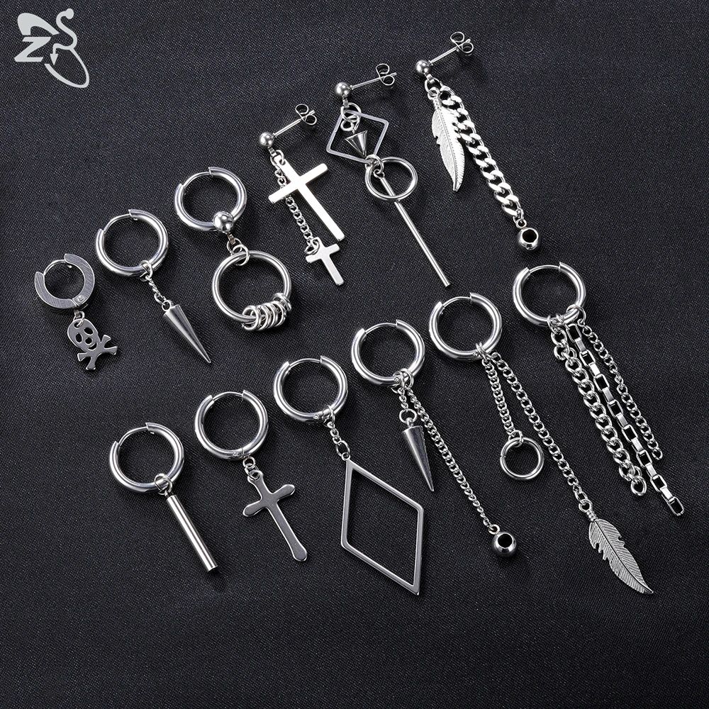 

ZS 12 Pcs/set Korean Kpop Drop Earrings Unisex Cross Geometric Pendant Earring Stainless Steel Tassel Earring Chic Accessories