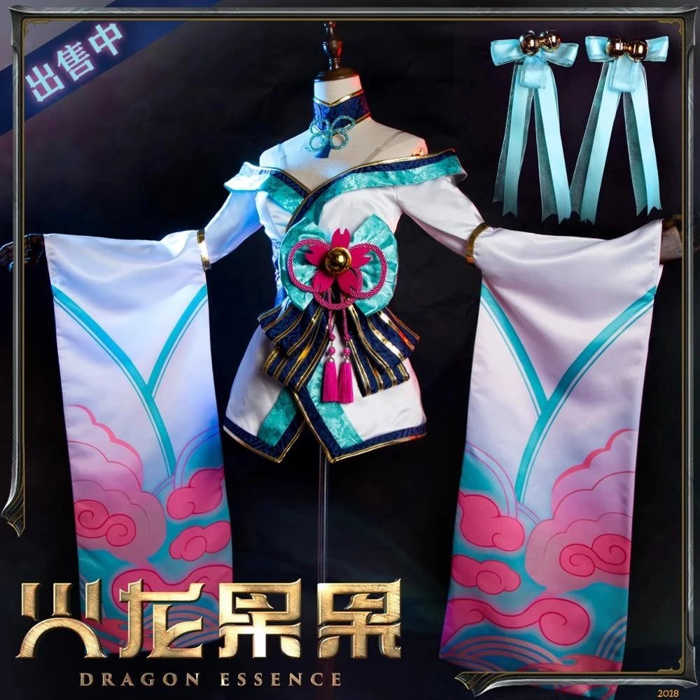 

Anime Game LOL Ahri Lotus Flower Lolita Kimono+headwear Nine Tails Fox Stage Outfit Cosplay Costume Halloween Free Shipp