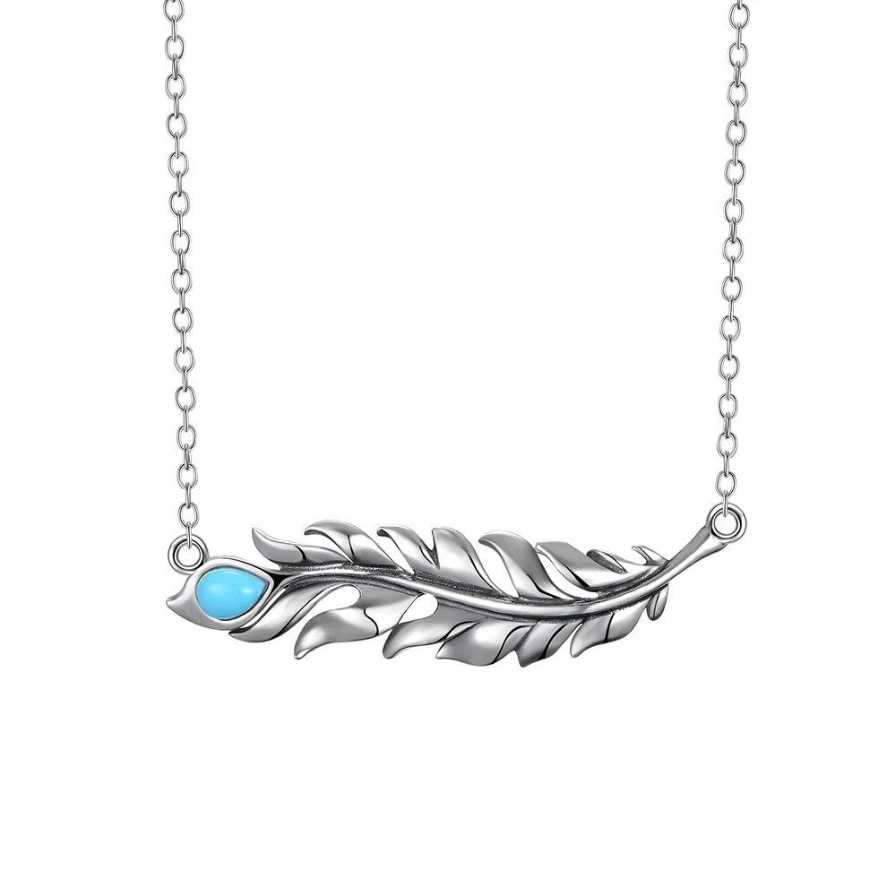 Sterling Silver Necklace For Women Feather Pendant Necklace With Kallaite For Women Vintage Jewelry Women Fine Silver
