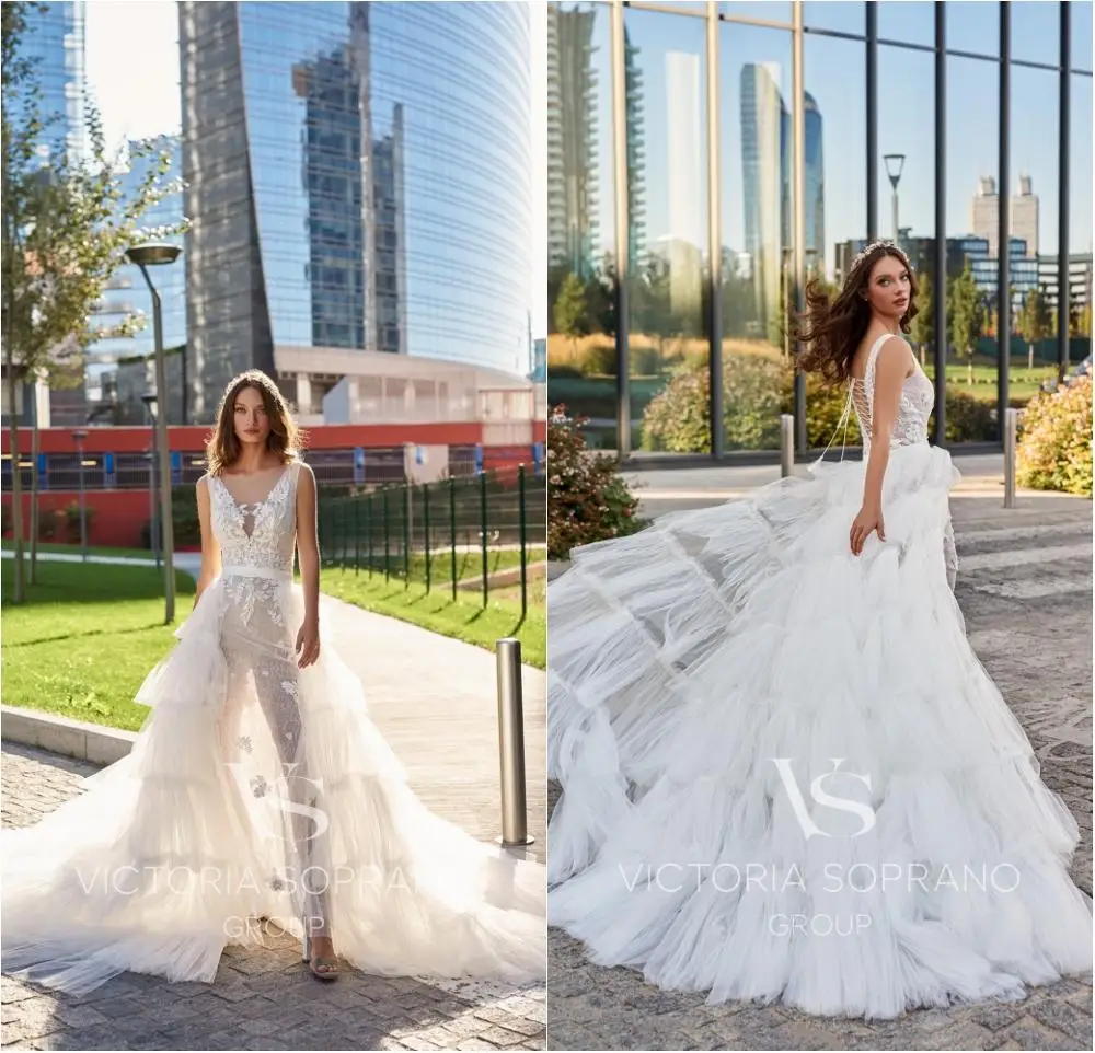 

Gorgeous Mermaid Wedding Dresses With Detachable Train Lace Appliqued Beach Wedding Dress Plus Size Bridal Robes De Mariée