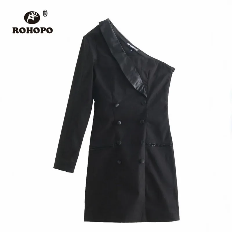 ROHOPO двойные пуговицы одно плечо асимметричное тонкое черное вечерние для