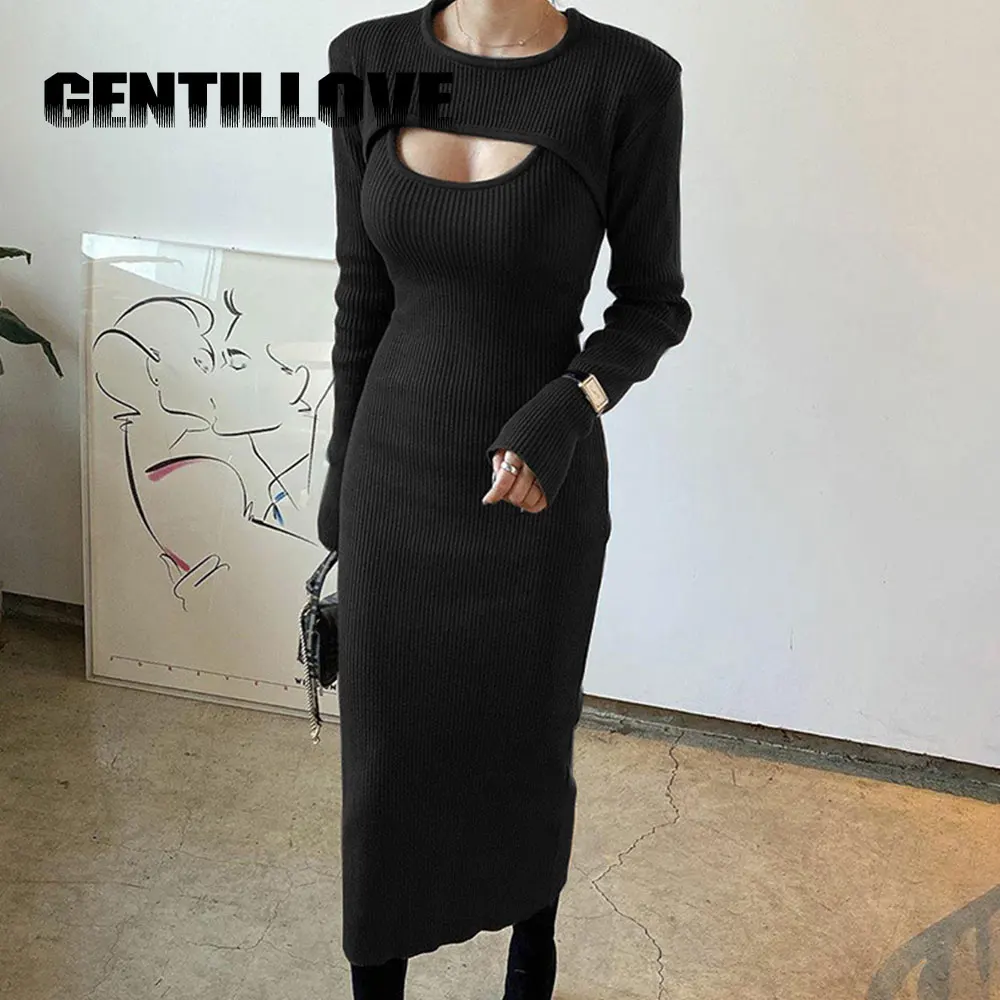 

Winter Knit Maxi Dress Women 2 Pieces Black Bodycon Long Sleeve Robe Shawl Cropped Korean Fashion Evening Party Sexy Female Suit