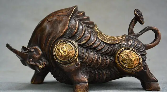 Медная сатуэ сборная старая китайская Бронзовая статуя бык оксен богатство