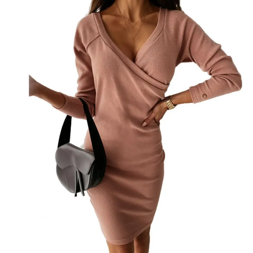 

Женское Трикотажное Платье До Колена, однотонное облегающее платье с глубоким V-образным вырезом и длинным рукавом, весна 2021