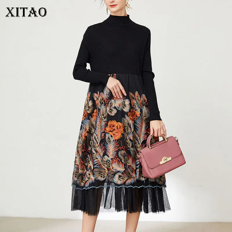 

XITAO Print Pattern Dress Fashion New Knitted Mesh Perspective Pullover Full Sleeve Patchwork Small Fresh Casual Dress WMD4079