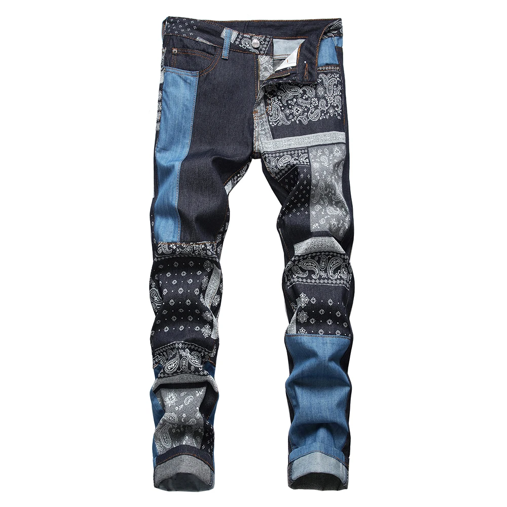 

Men's Patchwork Slim Straight Denim Jeans Paisley Bandanna Printed Patch Beggar Pants Trendy Streetwear Spliced Trousers