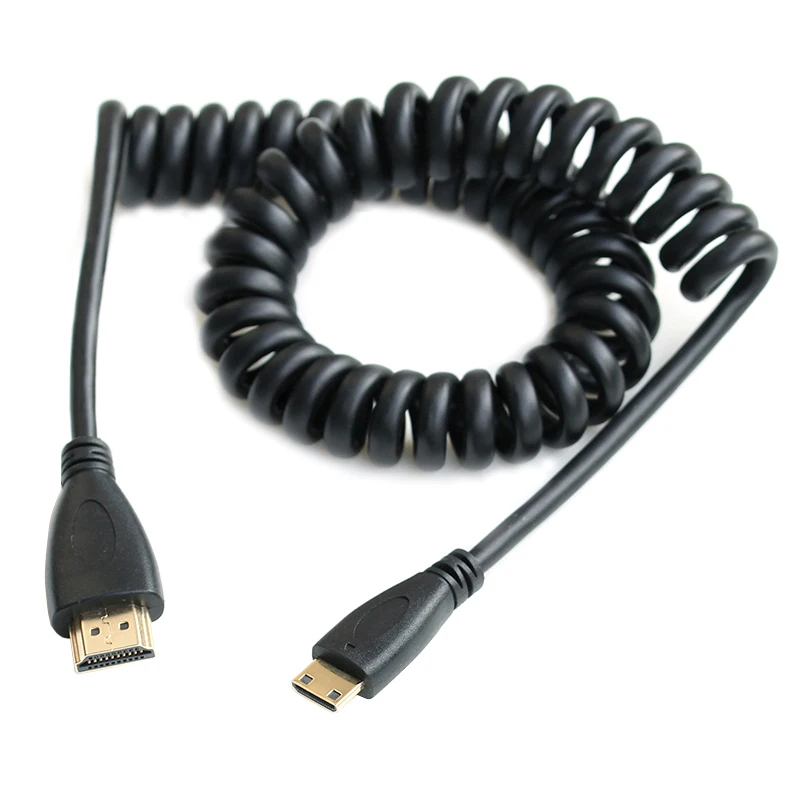 elbow Spring Coiled C Type Mini HDMI-compatible Cable Right Left Angled Mini HD Male to A HD Male Stretch  Cable 50cm 130cm