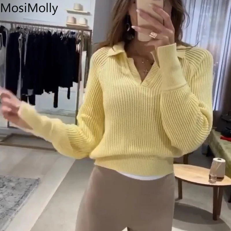

Женский свитер MosiMolly, зимний свитер-поло с воротником, повседневный вязаный свитер, джемпер, вязаные пуловеры
