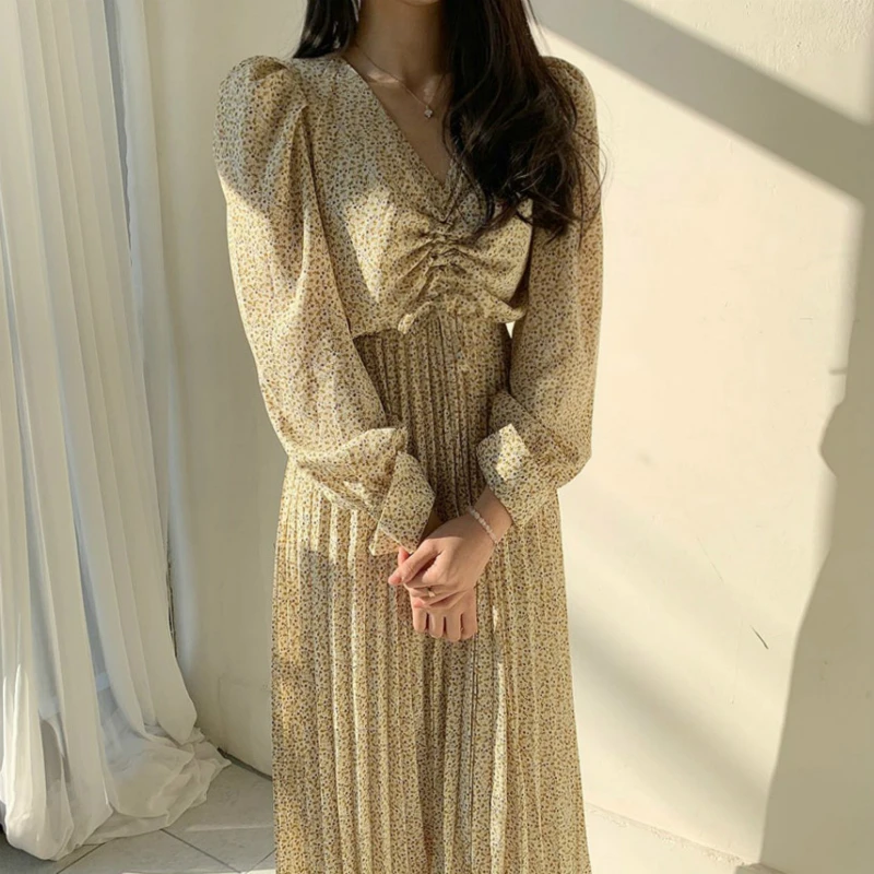 Женское длинное Плиссированное шифоновое платье с V-образным вырезом длинным