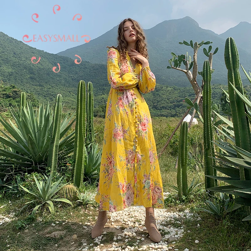 

Женское вечернее платье EASYSMALL, желтое пляжное платье с цветочным принтом и высокой талией, 2019
