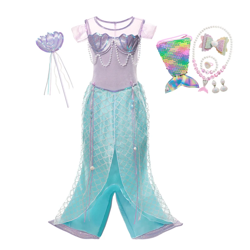 

VOGUEON Ariel Little Mermaid Dress For Girls Pearl Sequins Shell Fancy Clothes Children Princess Christmas Party Cosplay Costume