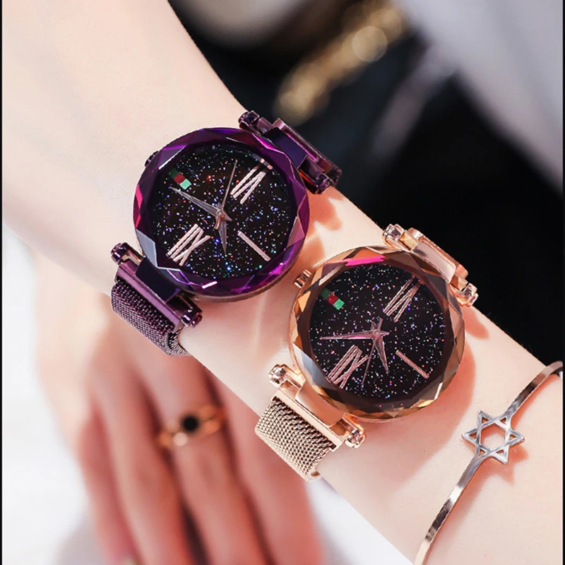 Романтические звездное небо женские магнитные часы Роскошные Цветочные