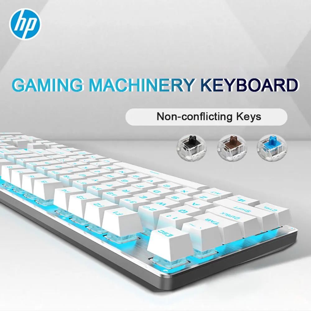 Hp GK100 Механическая игровая клавиатура с подсветкой, синий, красный переключатель, 104 клавиш, металлический цветной светодиодный компьютер с подсветкой, Проводная клавиатура для геймера