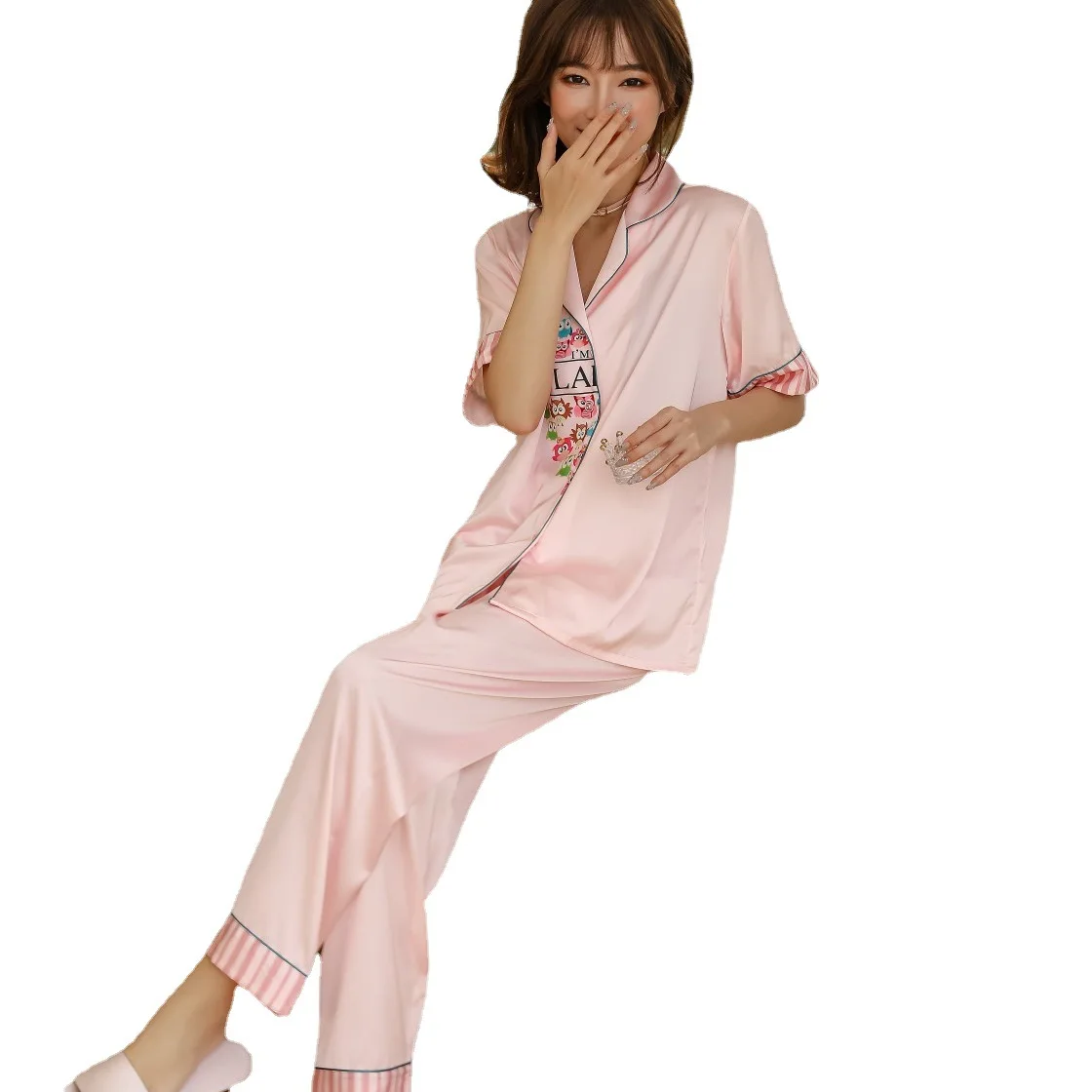 

Satin Pajamas Suit Women Sexy Sleepwear 2PCS Shirt&Pants Sets Home Wear Lapel Loungewear With Buttons Lapel Intimate Lingerie