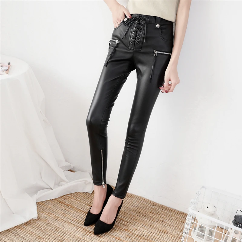 

Design PU Leather Bandage Slim Fit Pants Women European Style Punk Leather Pantalon Autumn Side Zipper Red Black Trousers Female