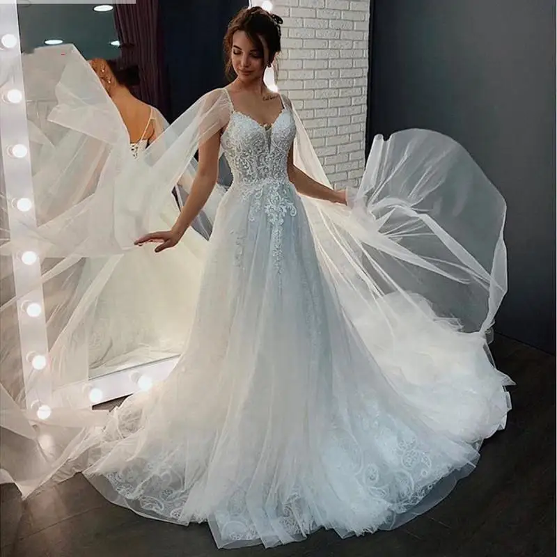 

Luxury Design Long Cape Wedding Dresses Bridal Gowns Appliqued Lace Tulle A Line Spaghetti Straps Custom Made Corset Back