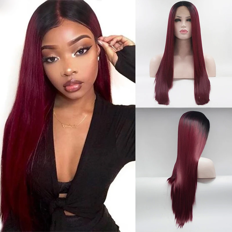 

Ombre Burgundy 26Inch Long Straight Synthetic Front Lace Wig For Black Women Babyhair 99j Preplucked Cosplay Daily 180% Density