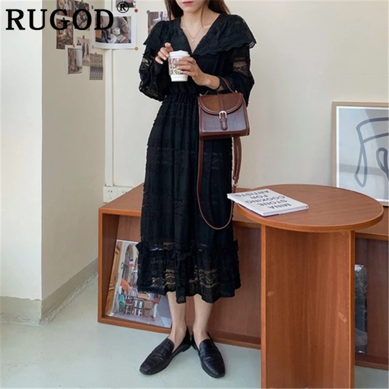Женское длинное платье RUGOD элегантное кружевное с v образным вырезом и рукавами