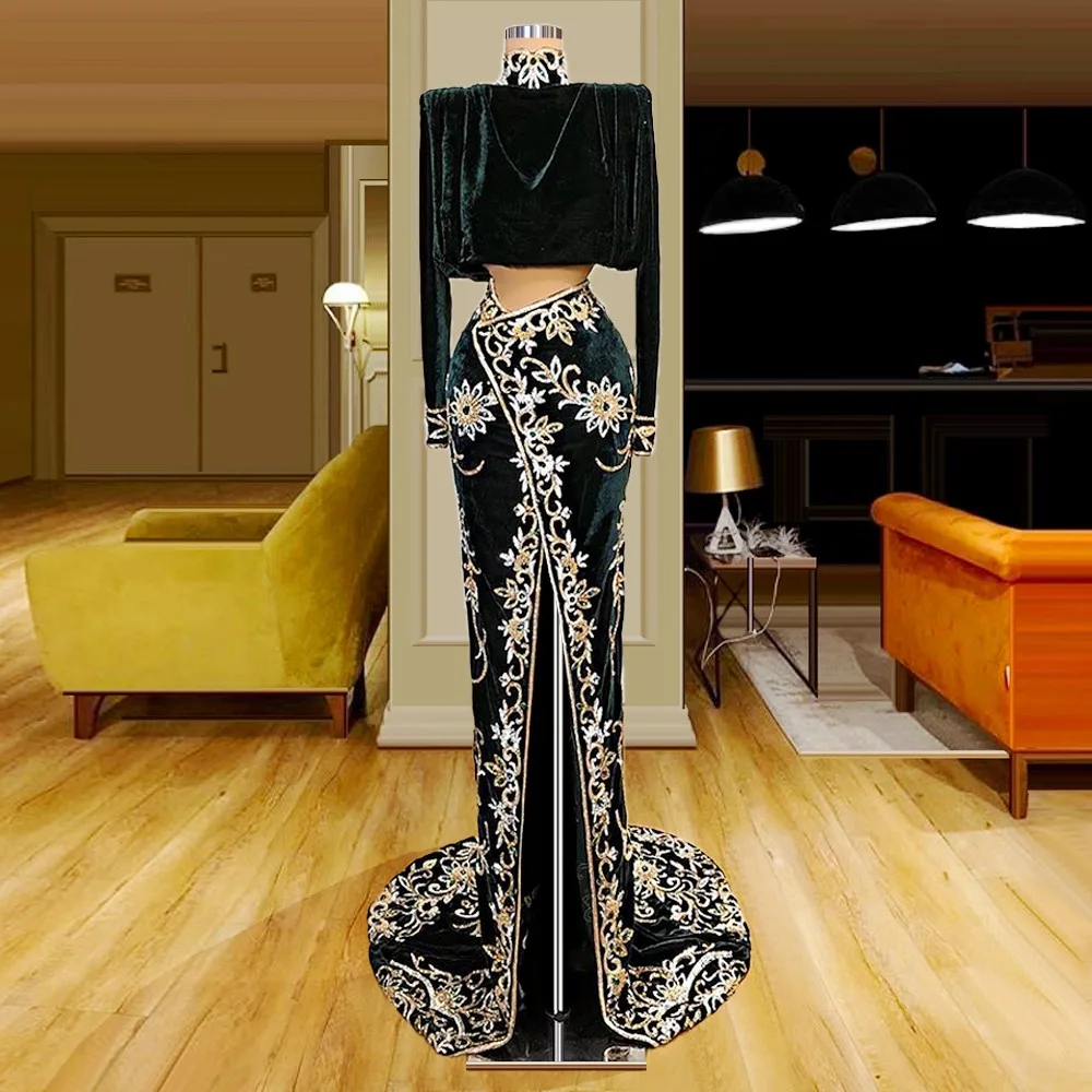 Arabic Prom Dresses Luxury Dubai Robes Full Sleeves Two Pieces Mermaid Evening Gowns Craystals Major Beads robe de soirée