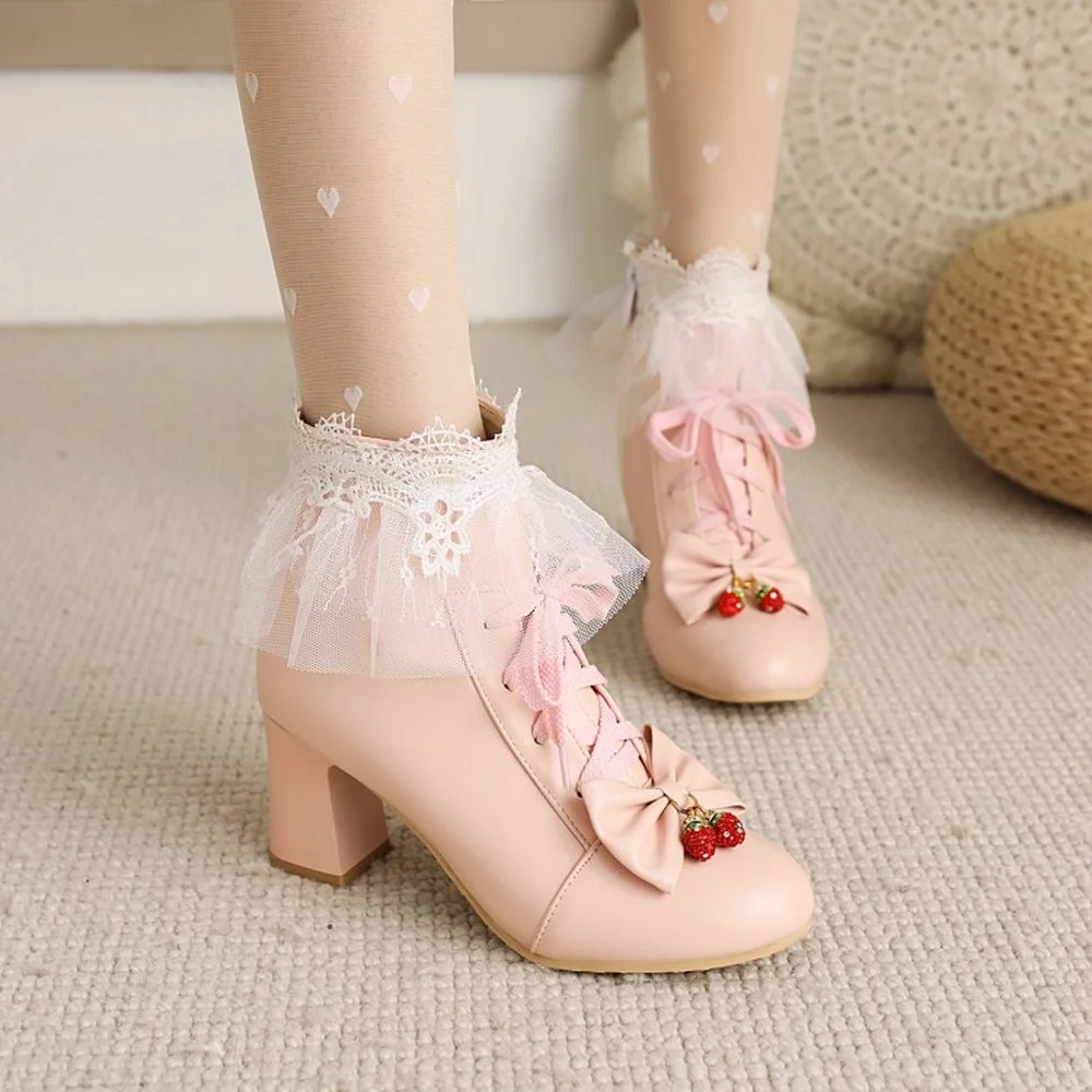 

OEING Womens Round Toe Bowknot Lace Ankle Boots Block High Heel Shoes Thick Lolita Sweet Cosplay X-mas Gift Size 32-43