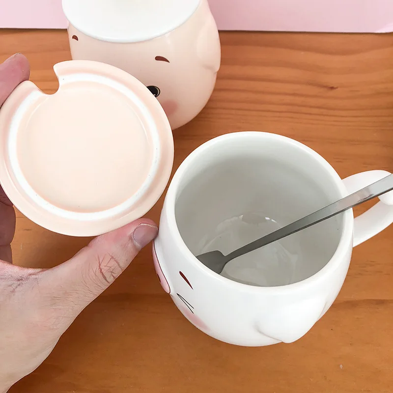 

450ML Pink Pig Big Belly Ceramic Cup with Lid Spoon Cute Cartoon Mug Girl Little Fresh Lovers Coffee Cups Mug Coffee Mugs