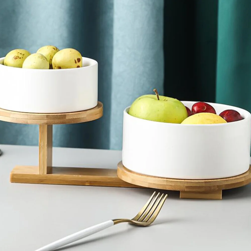 

1 Set Ceramic Salad Bowls Nuts Snack Bowls Practical Fruit Bowl with Wooden Rack