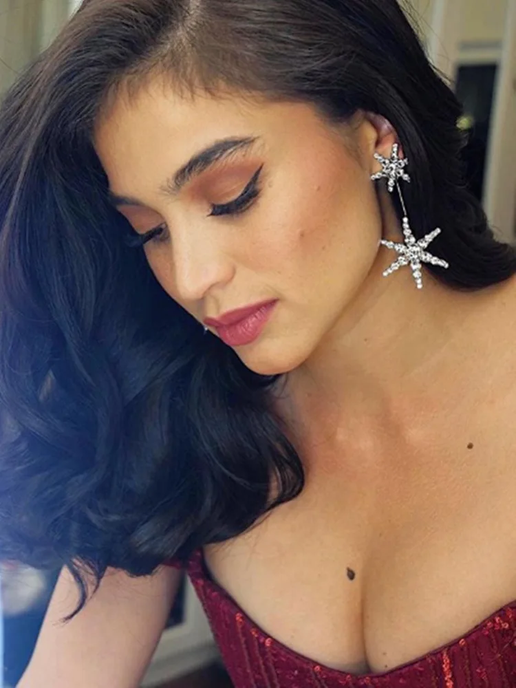 

2021 Diamond six star long Earrings 925 silver needle exaggerated Earrings women's Diamond Earrings manufacturers wholesale