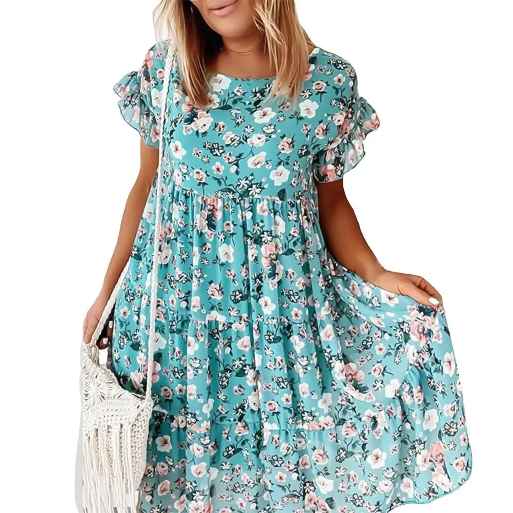 

Dresses For Women 2021 Women Party Dress Floral Round Neck Nylon Loose A-Line Dress for Beach Dresses Women Summer