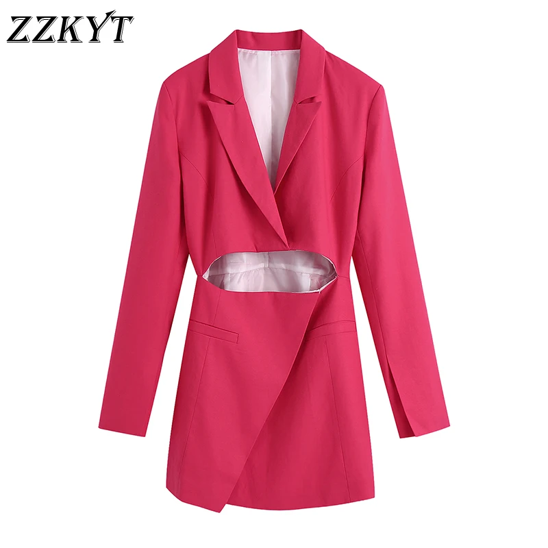 

ZZKYT 2021 Women Autumn Vintage Solid Open Design Mini Dress Fashion Lapel Collar Long Sleeve Office Lady Female Casual Dresses