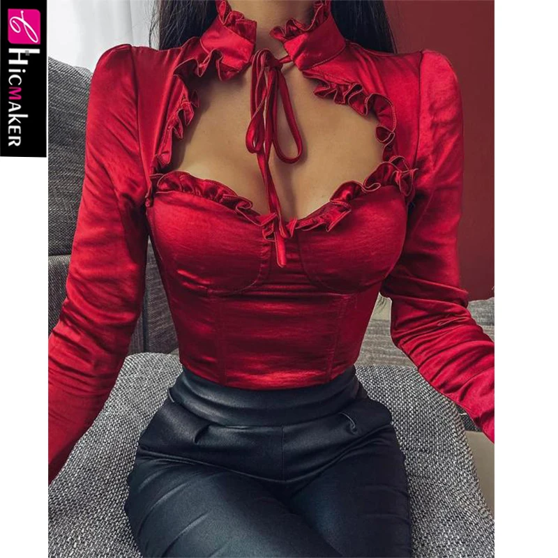 Женщины галстук шеи грудь вырезанный топ сексуальный &amp Клуб с длинным рукавом