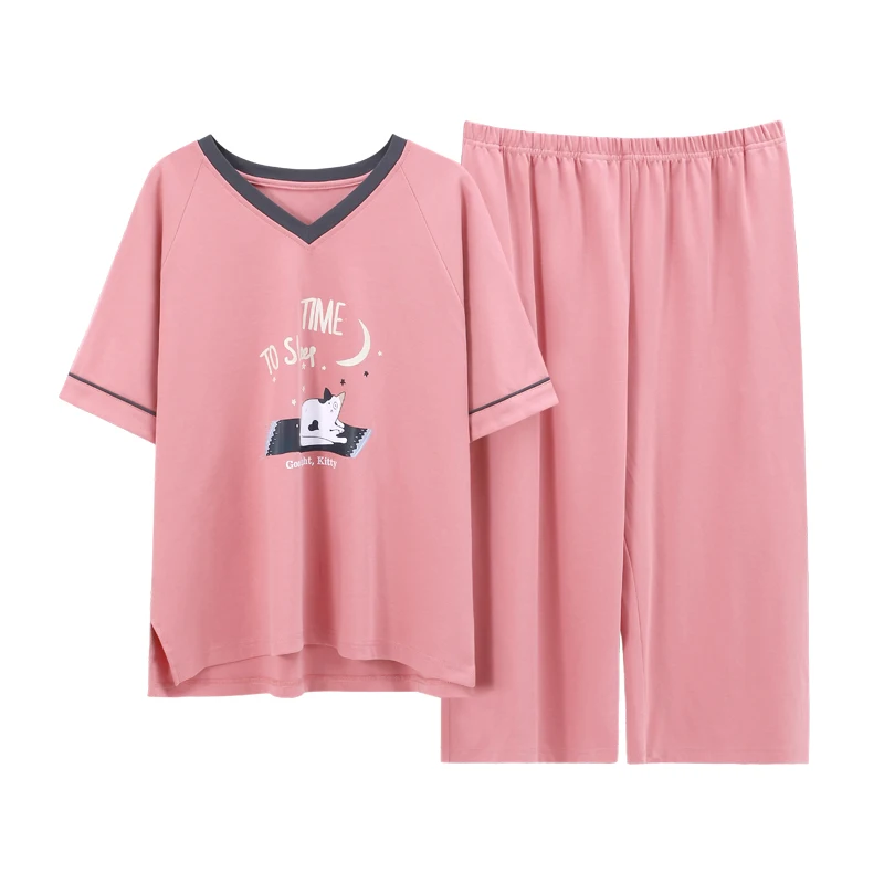 

Casual Cotton Plus Size Homewear Korean Cute Girls Sleepwear Cartoon Cat Print Summer Sexy V-Neck Short Sleeve Woman Pajamas Set