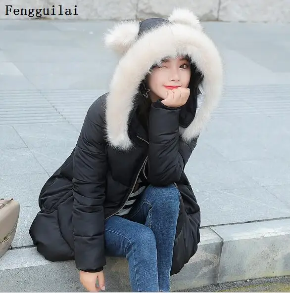 Корейская мода Женское зимнее пальто Черная куртка с капюшоном и воротником из