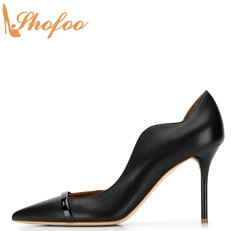 Черные туфли-лодочки с острым носком открытые женские туфли на высоком тонком