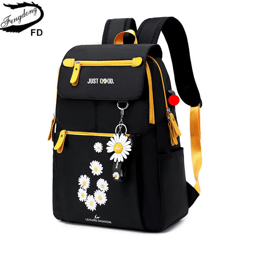 Женский рюкзак с бантом Fengdong, черный школьный рюкзак для девочек-подростков, с меховым помпоном, осень 2019