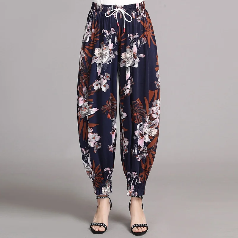 

Летние хлопковые шелковые свободные шаровары с принтом, модные женские повседневные брюки