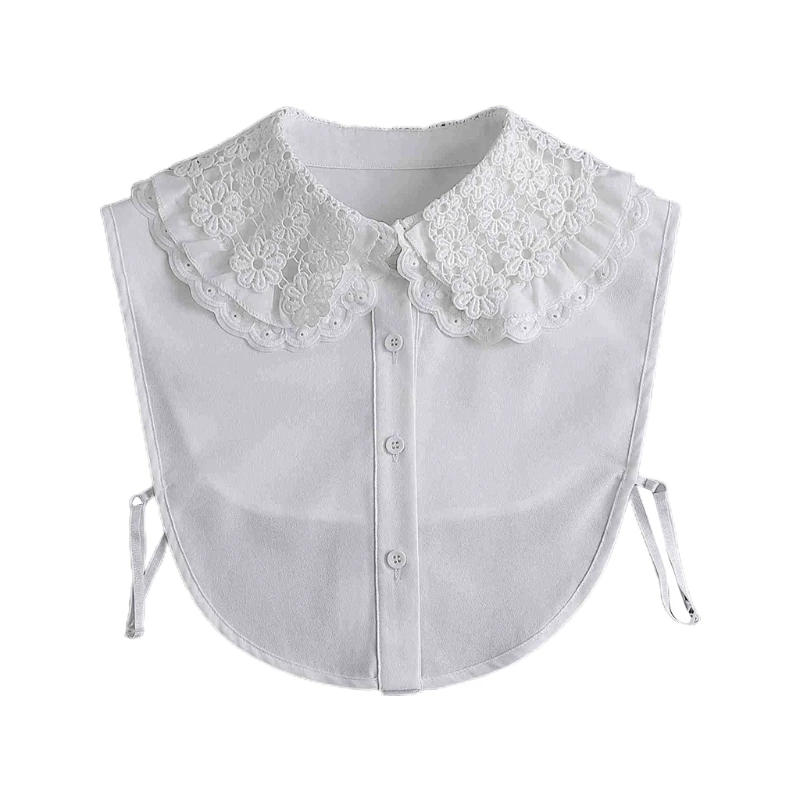 

67JF Women Multi Layered Lapel Faux Collar Doll Half Shirt Embroidery Floral Dickey