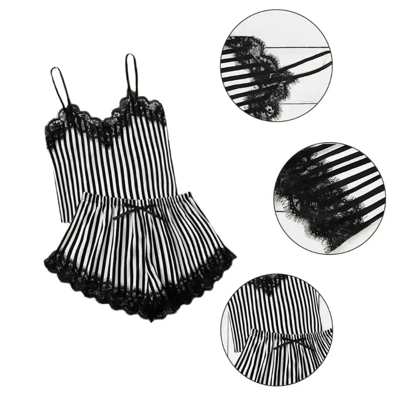 

Women Floral Lace Pajamas Set Sleeveless Striped Camisole Top Bowknot Shorts Loose Sleepwear Set