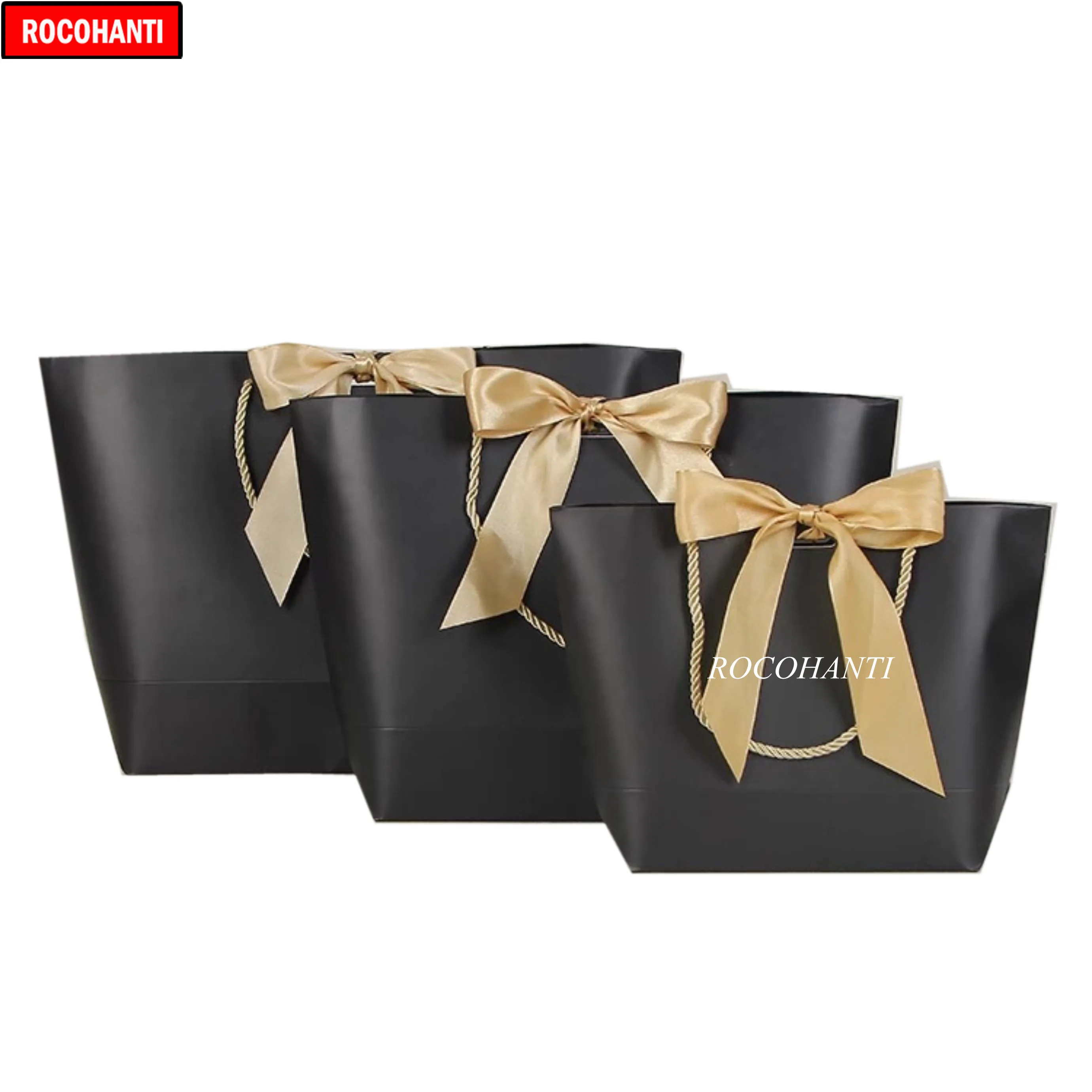 50X Custom Printed Your Own Logo Thick 250grams Black Cardboard Paper Clothing Gift Shopping Paper Bag With Gold Ribbon Handles