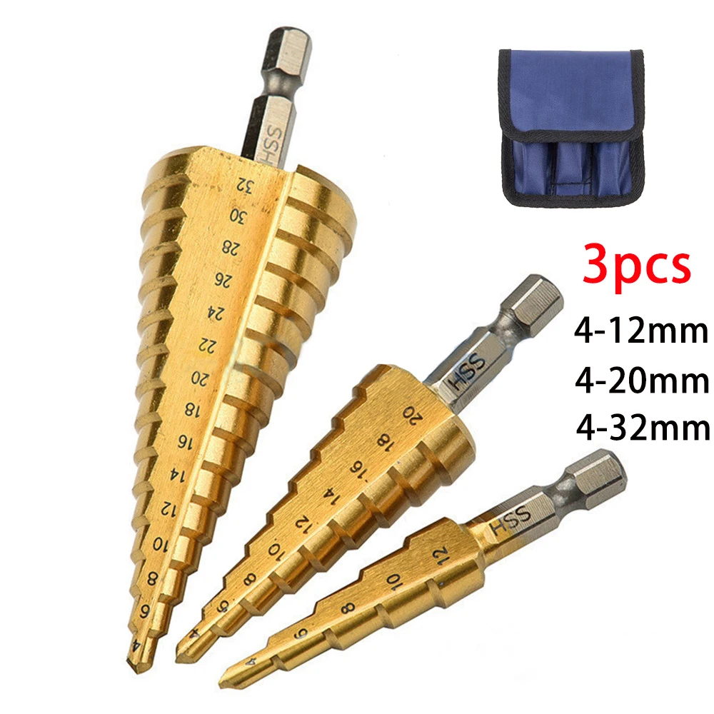 

3pcs HSS Titanium Drill Bit 4-12 4-20 4-32 Drilling Power Tools Metal High Speed Steel Wood Hole Cutter Cone Drill