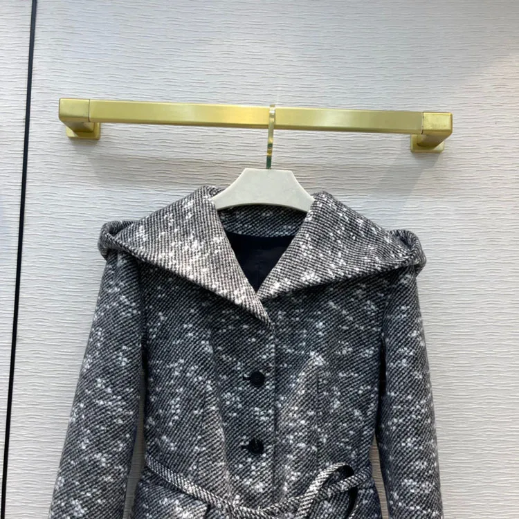 

Женское твидовое пальто с большими карманами, серое шерстяное пальто с капюшоном и длинным рукавом, 78% шерсть, зима 2021