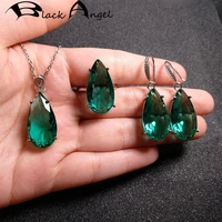 black angel 925 silver jewelry sets for women inlaid emerald blue gemstone cz necklace ring earrings big water drop pendant gift